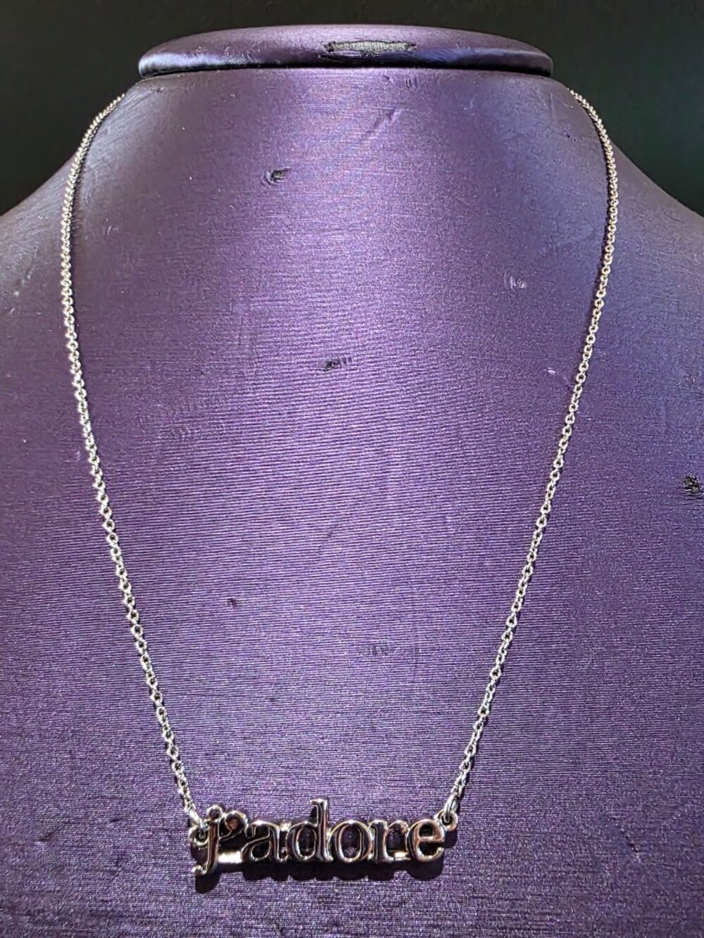 J'Adore Silver Tone Cursive Script Nameplate Necklace 18" Rhodium Plated